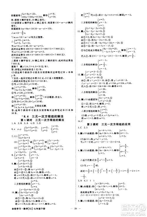 光明日报出版社2021全效学习课时提优数学七年级下册RJ人教版A版答案