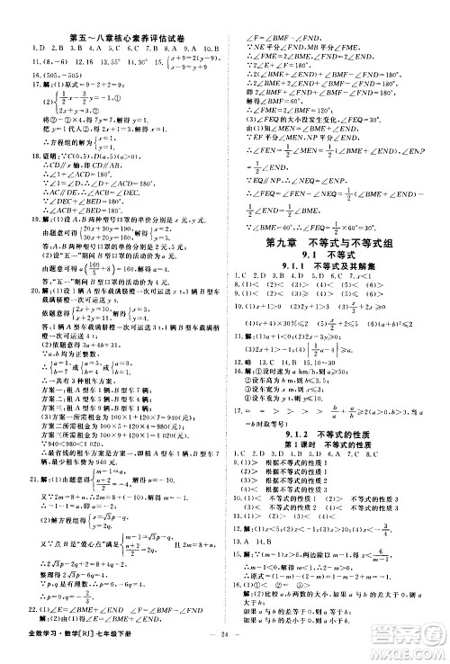 光明日报出版社2021全效学习课时提优数学七年级下册RJ人教版A版答案