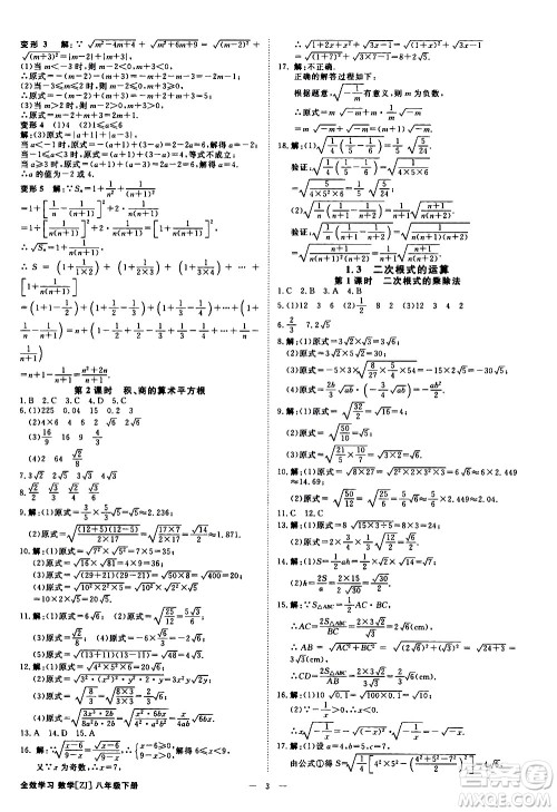 光明日报出版社2021全效学习课时提优数学八年级下册ZJ浙教版A版答案