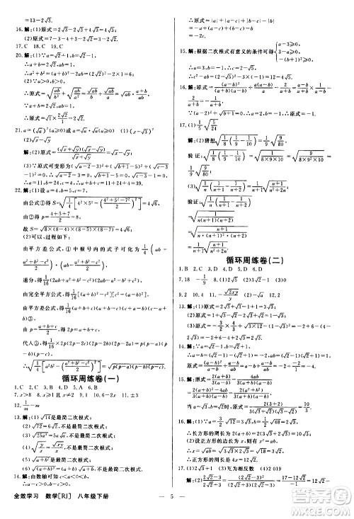 光明日报出版社2021全效学习课时提优数学八年级下册RJ人教版A版答案