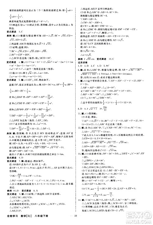 光明日报出版社2021全效学习课时提优数学八年级下册RJ人教版A版答案