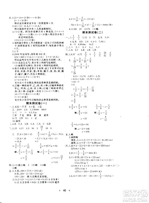 延边教育出版社2021全能检测数学六年级下册RJ人教版答案