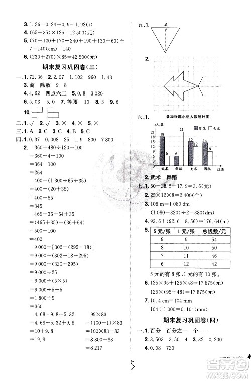 江西美术出版社2021魔力一卷通小学期末冲刺100分数学四年级下册RJ人教版答案