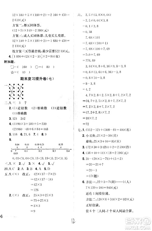 江西美术出版社2021魔力一卷通小学期末冲刺100分数学四年级下册RJ人教版答案