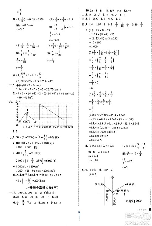 江西美术出版社2021魔力一卷通小考模拟冲刺卷数学人教版答案