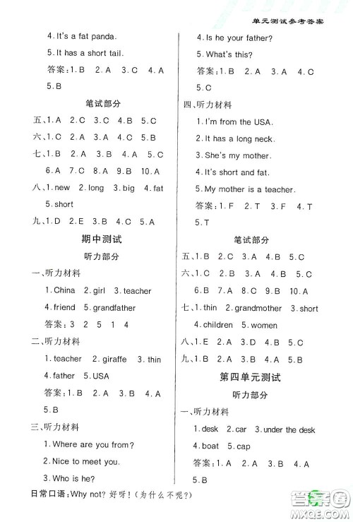 河北教育出版社2021小学创新一点通三年级英语下册人教版答案