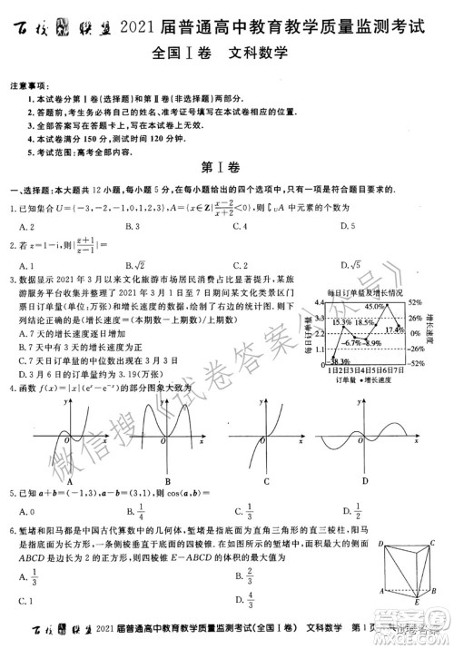 百校联盟2021届普通高中教育教学质量监测考试全国I卷文科数学试题及答案 百校联盟2021届普通高中教育教学质量监测考试全国I卷文科数学试题及答案