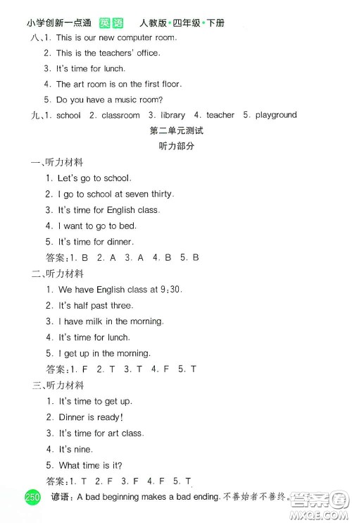 河北教育出版社2021小学创新一点通四年级英语下册人教版答案