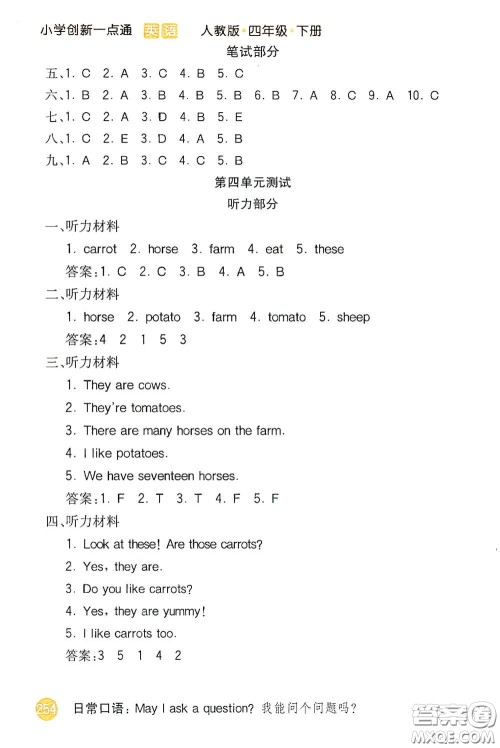 河北教育出版社2021小学创新一点通四年级英语下册人教版答案