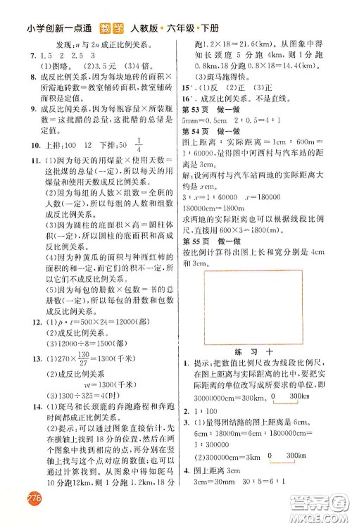 河北教育出版社2021小学创新一点通六年级数学下册答案