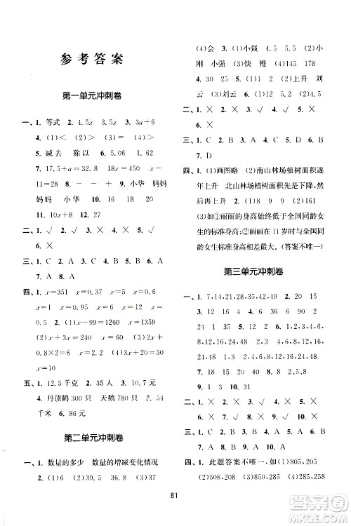 南京大学出版社2021期末冲刺满分卷数学五年级下册江苏版答案