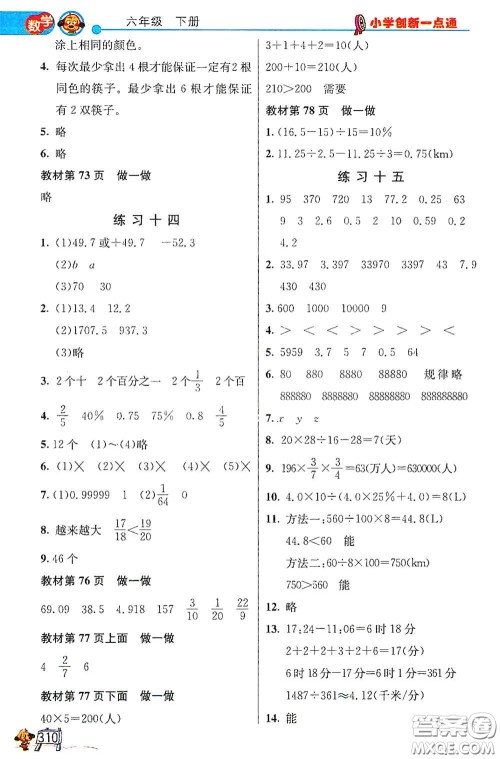 河北教育出版社2021小学创新一点通六年级数学语文合订本下册彩色升级版答案