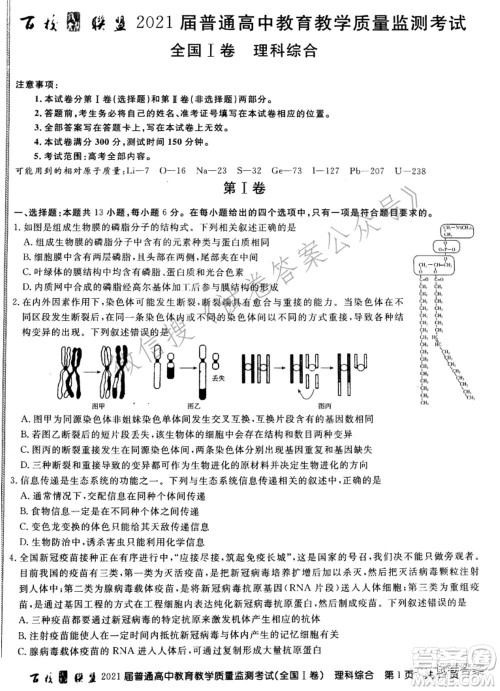 百校联盟2021届普通高中教育教学质量监测考试全国I卷理科综合试题及答案