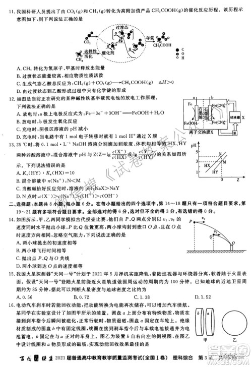 百校联盟2021届普通高中教育教学质量监测考试全国I卷理科综合试题及答案