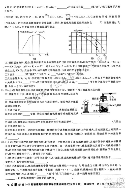 百校联盟2021届普通高中教育教学质量监测考试全国I卷理科综合试题及答案