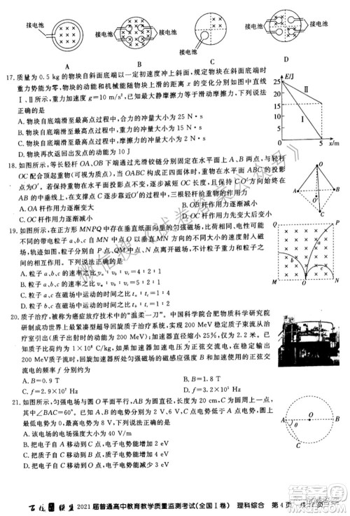 百校联盟2021届普通高中教育教学质量监测考试全国I卷理科综合试题及答案