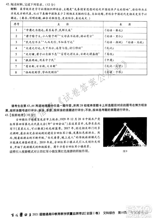 百校联盟2021届普通高中教育教学质量监测考试全国I卷文科综合试题及答案