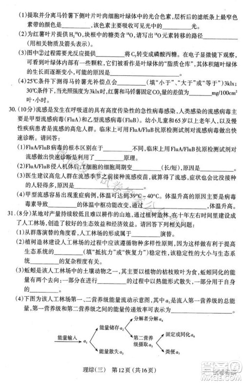 太原市2021高三年级模拟考试三理科综合试卷及答案 太原市2021高三年级模拟考试三理科综合试卷及答案