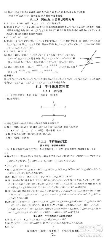 吉林教育出版社2021名校课堂河北专版领导者数学七年级下册RJ人教版答案