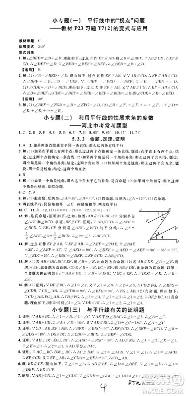 吉林教育出版社2021名校课堂河北专版领导者数学七年级下册RJ人教版答案