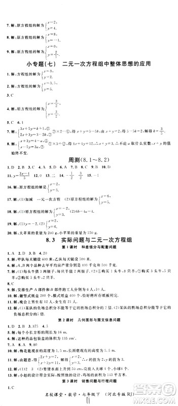 吉林教育出版社2021名校课堂河北专版领导者数学七年级下册RJ人教版答案