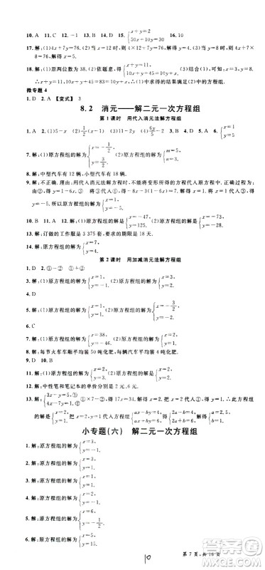 吉林教育出版社2021名校课堂河北专版领导者数学七年级下册RJ人教版答案