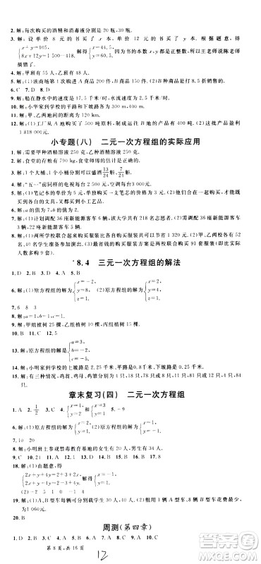 吉林教育出版社2021名校课堂河北专版领导者数学七年级下册RJ人教版答案