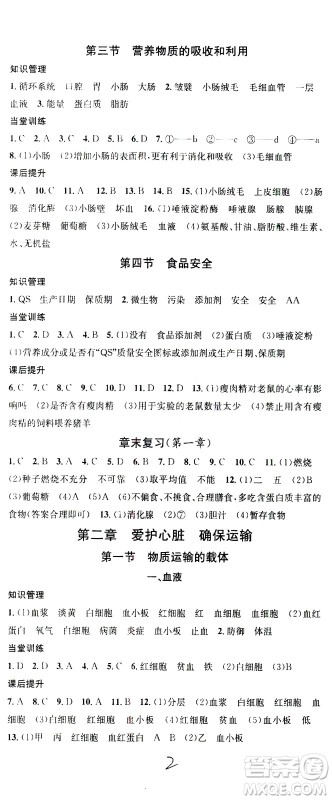 广东经济出版社2021名校课堂同步练习全国领导者生物七年级下册JS江苏版答案 广东经济出版社2021名校课堂同步练习全国领导者生物七年级下册JS江苏版答案