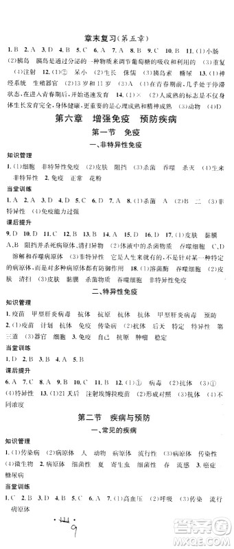 广东经济出版社2021名校课堂同步练习全国领导者生物七年级下册JS江苏版答案