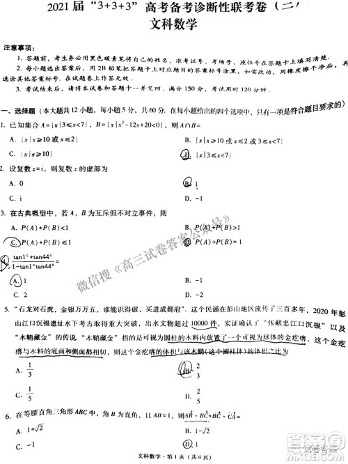 2021届3+3+3高考备考诊断性联考卷三文科数学试题及答案