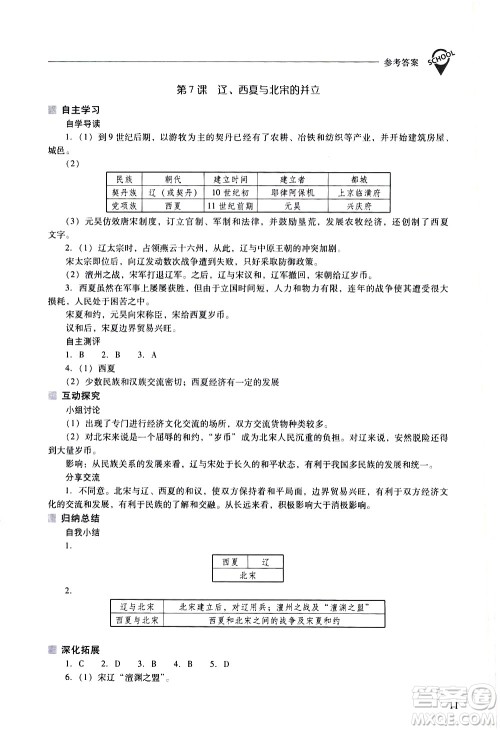 山西教育出版社2021新课程问题解决导学方案中国历史七年级下册人教版答案