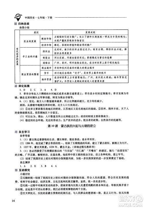 山西教育出版社2021新课程问题解决导学方案中国历史七年级下册人教版答案