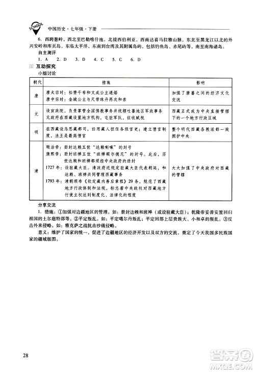 山西教育出版社2021新课程问题解决导学方案中国历史七年级下册人教版答案