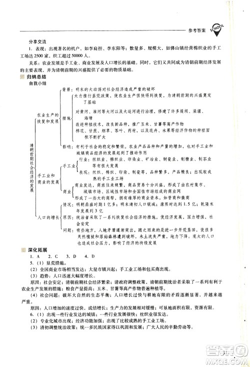 山西教育出版社2021新课程问题解决导学方案中国历史七年级下册人教版答案