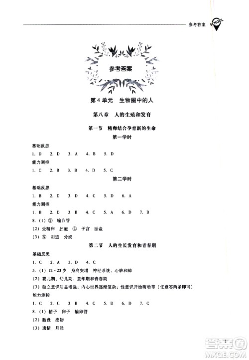 山西教育出版社2021新课程问题解决导学方案生物学七年级下册凤凰版答案