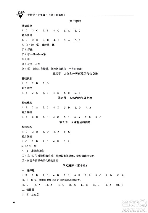 山西教育出版社2021新课程问题解决导学方案生物学七年级下册凤凰版答案