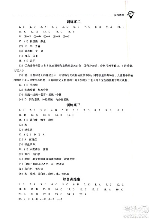 山西教育出版社2021新课程问题解决导学方案生物学七年级下册凤凰版答案