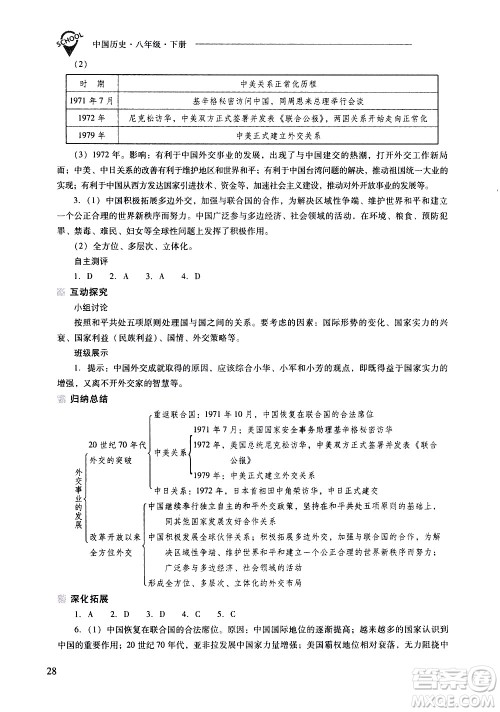 山西教育出版社2021新课程问题解决导学方案中国历史八年级下册人教版答案