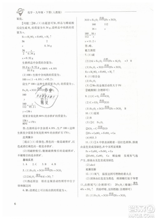 山西教育出版社2021新课程问题解决导学方案化学九年级下册人教版答案