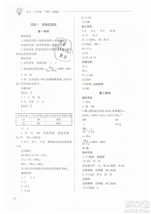 山西教育出版社2021新课程问题解决导学方案化学九年级下册人教版答案