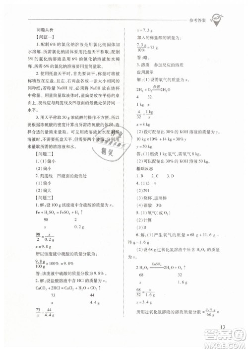 山西教育出版社2021新课程问题解决导学方案化学九年级下册人教版答案