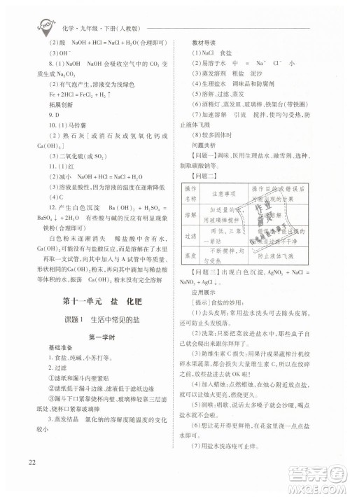 山西教育出版社2021新课程问题解决导学方案化学九年级下册人教版答案