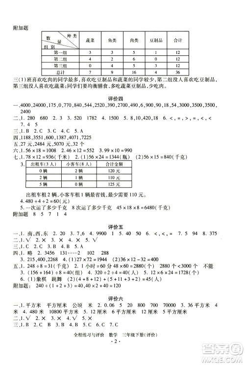 浙江人民出版社2021全程练习与评价评价三年级下册数学R人教版答案