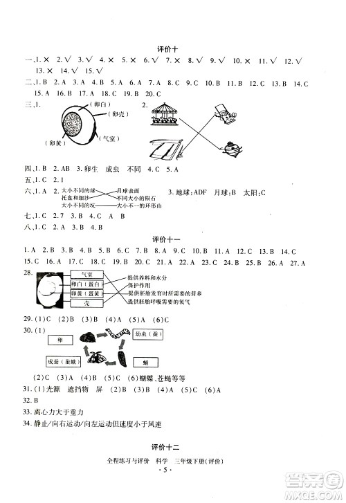 浙江人民出版社2021全程练习与评价评价三年级下册科学J冀教版答案