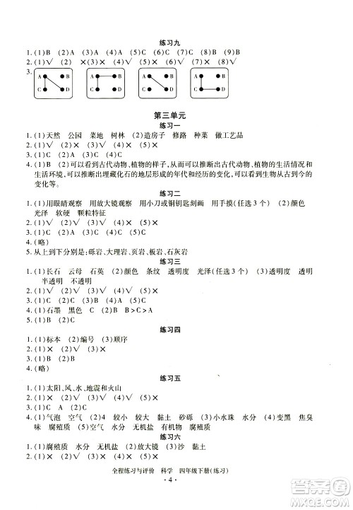 浙江人民出版社2021全程练习与评价练习四年级下册科学J冀教版答案