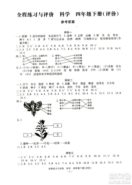 浙江人民出版社2021全程练习与评价评价四年级下册科学J冀教版答案