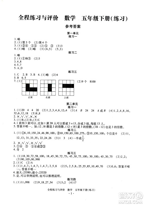 浙江人民出版社2021全程练习与评价练习五年级下册数学R人教版答案