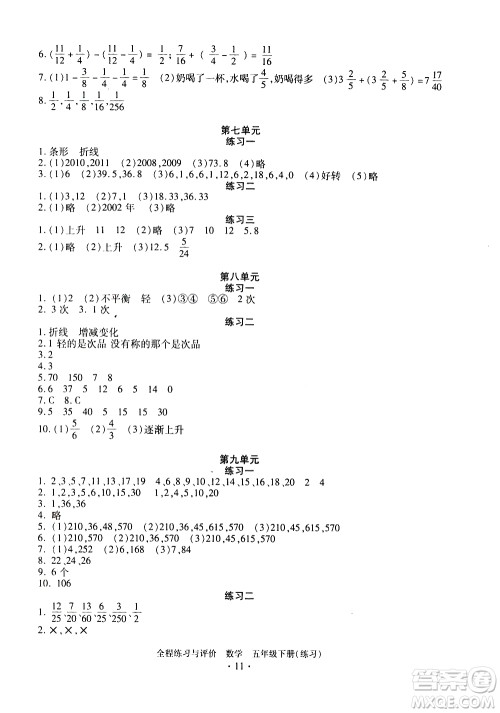 浙江人民出版社2021全程练习与评价练习五年级下册数学R人教版答案
