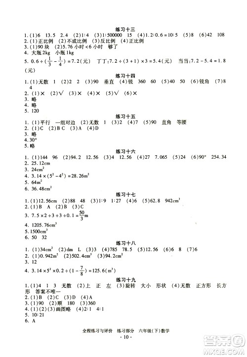 浙江人民出版社2021全程练习与评价练习六年级下册数学R人教版答案