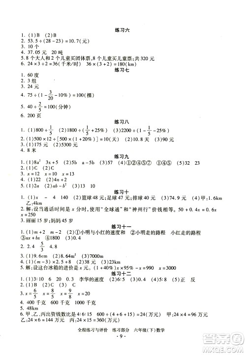 浙江人民出版社2021全程练习与评价练习六年级下册数学R人教版答案